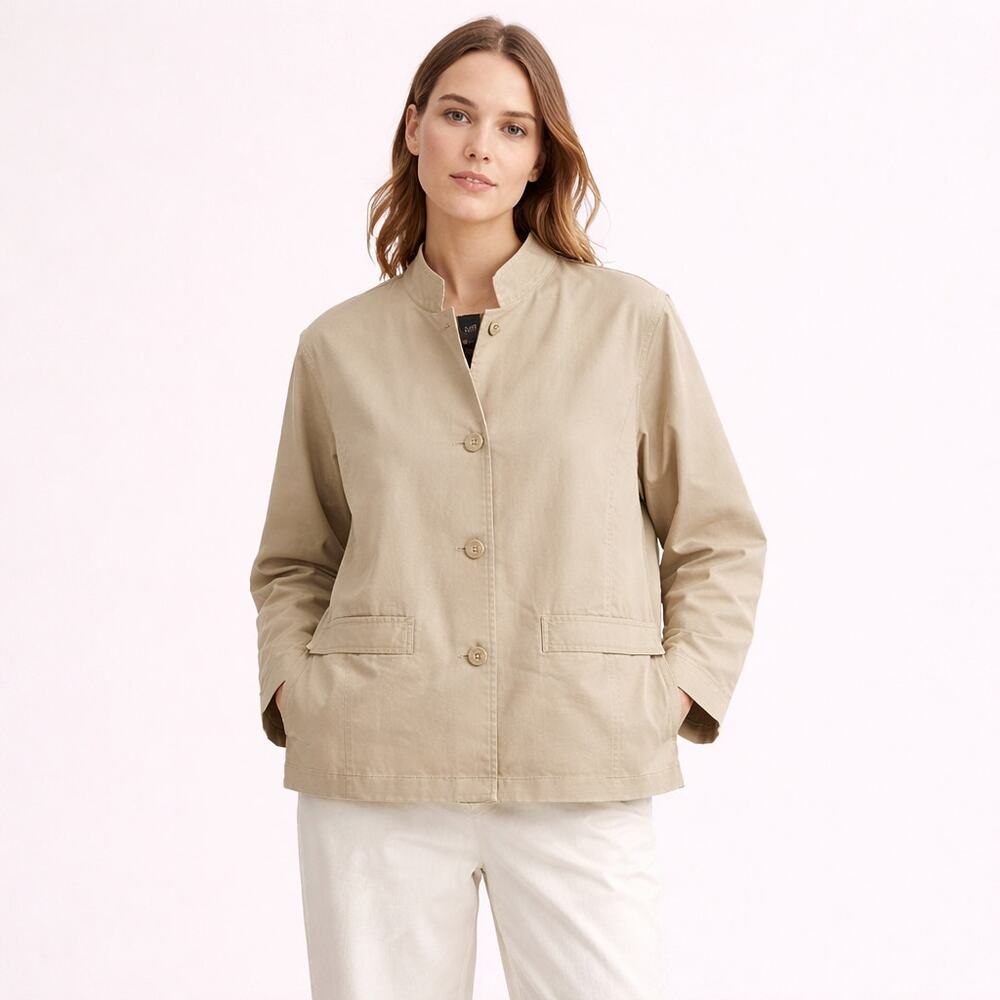 NEW Eileen Fisher Jacket Womens S Pebble Tan Neutral Cotton Twill Stand Collar